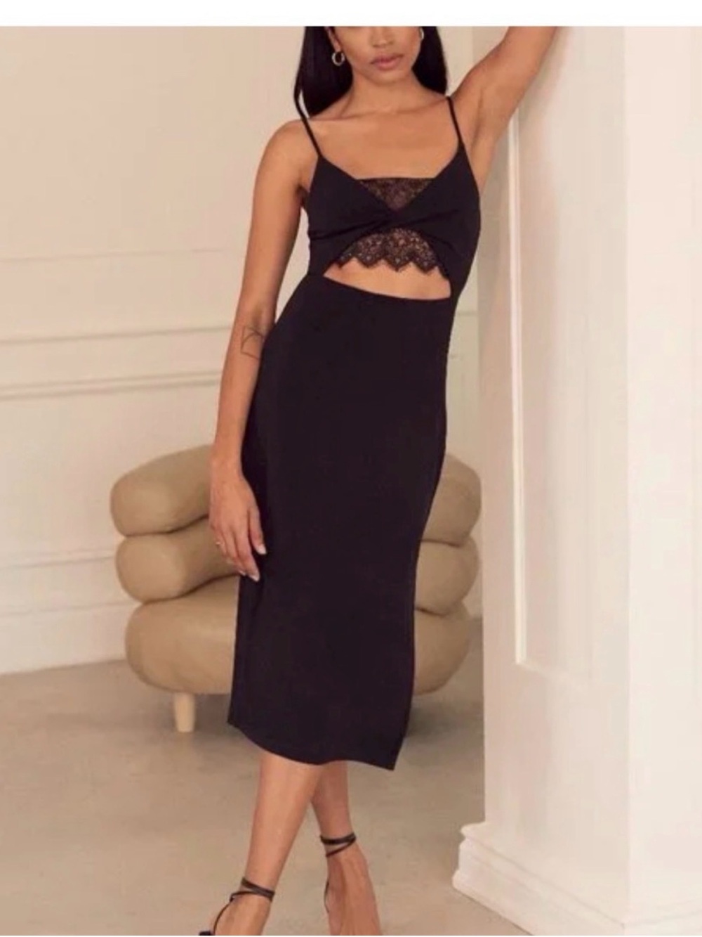 Dynamite Black Lace-Trim Cutout Slip Midi Dress